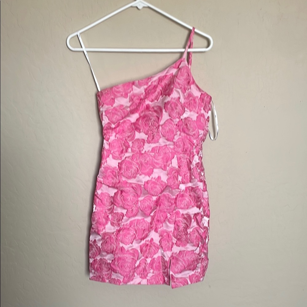 Lulus Pink Floral One-Shoulder Dress
